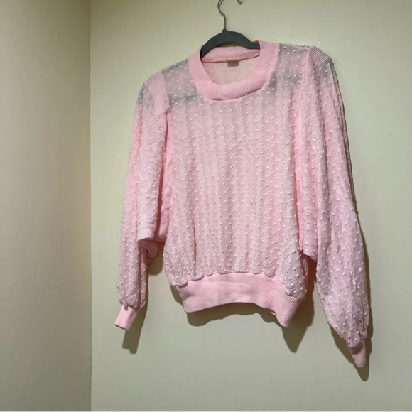 Women’s Vintage Retro Coquette  Singe Stitch Pink Eyelet Long Sleeve Sheer Top - Picture 2 of 14